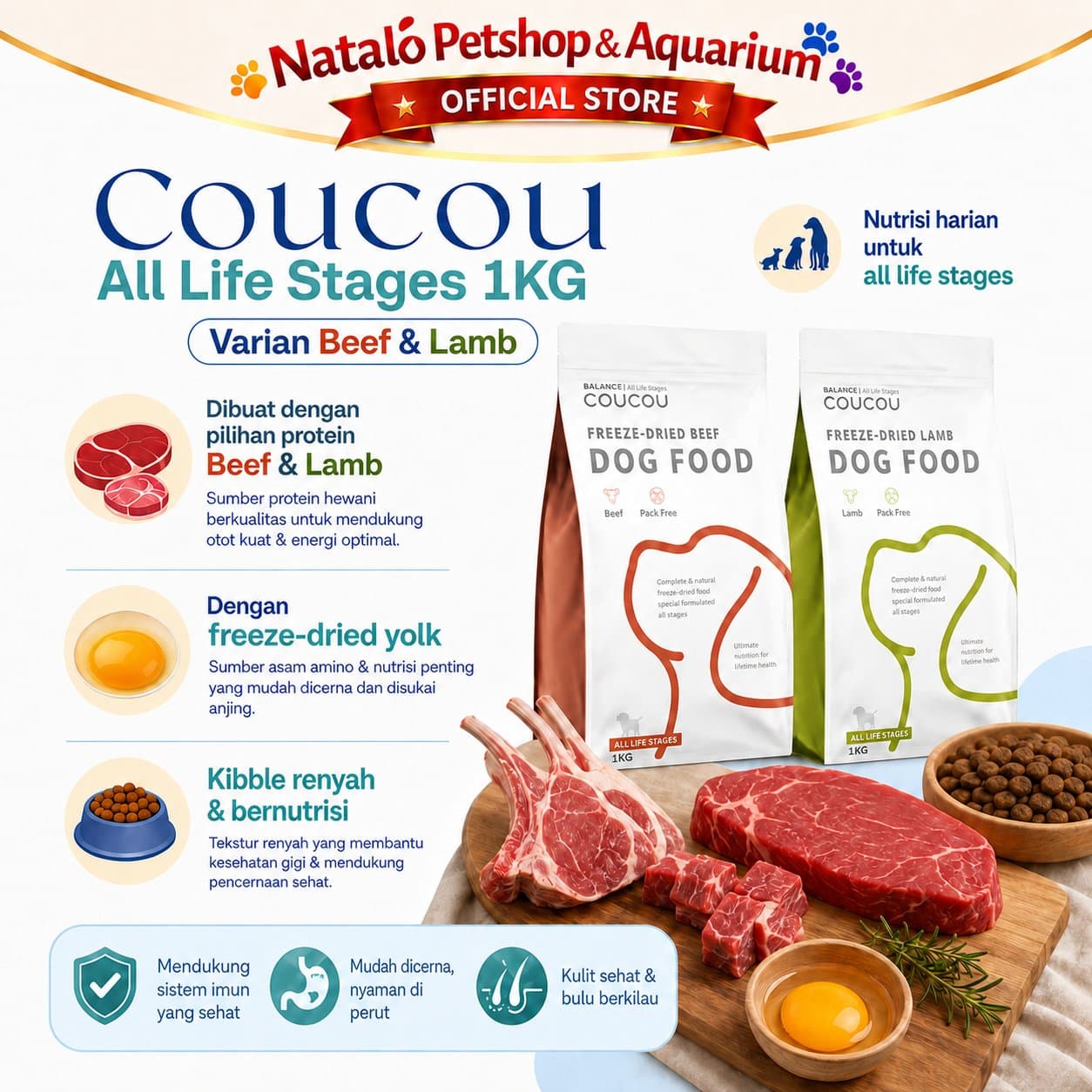 COUCOU Freeze Dried Raw Dog Food Lamb / Beef 1KG All Life Stages - Makanan Anjing Kering Cou Cou Rasa Domba / Sapi Semua Umur 1 KG - gambar 4