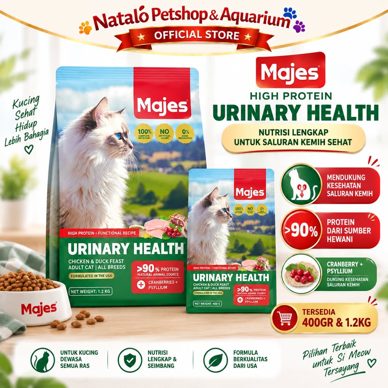 MAJES High Protein Urinary Health Chicken & Duck Feast 400GR / 1.2KG Adult Dry Cat Food - Makanan Kucing Dewasa untuk Kesehatan Saluran Kencing Kemih / Pecegahan FLUTD 400 GR / 1.2 KG - gambar 1