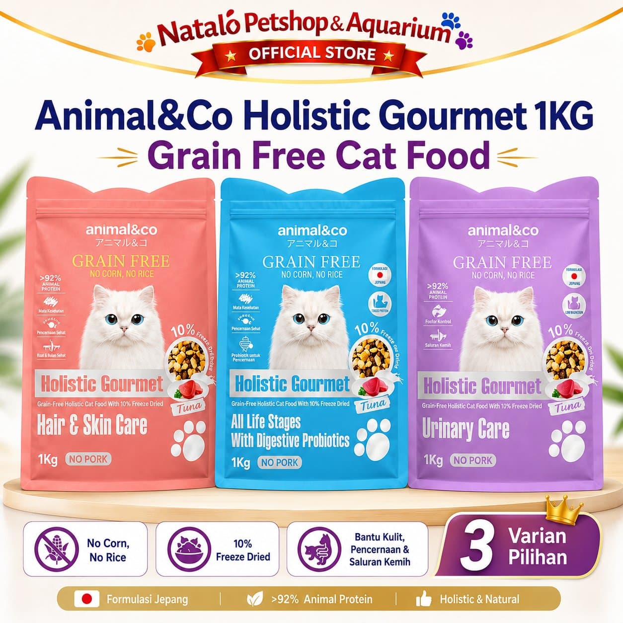 Animal&Co Holistic Gourmet 1KG Grain Free Cat Food / All Life Stages - Makanan Kucing Semua Umur - Hair & Skin / Digestive Probiotics / Urinary Care 1 KG - gambar 1