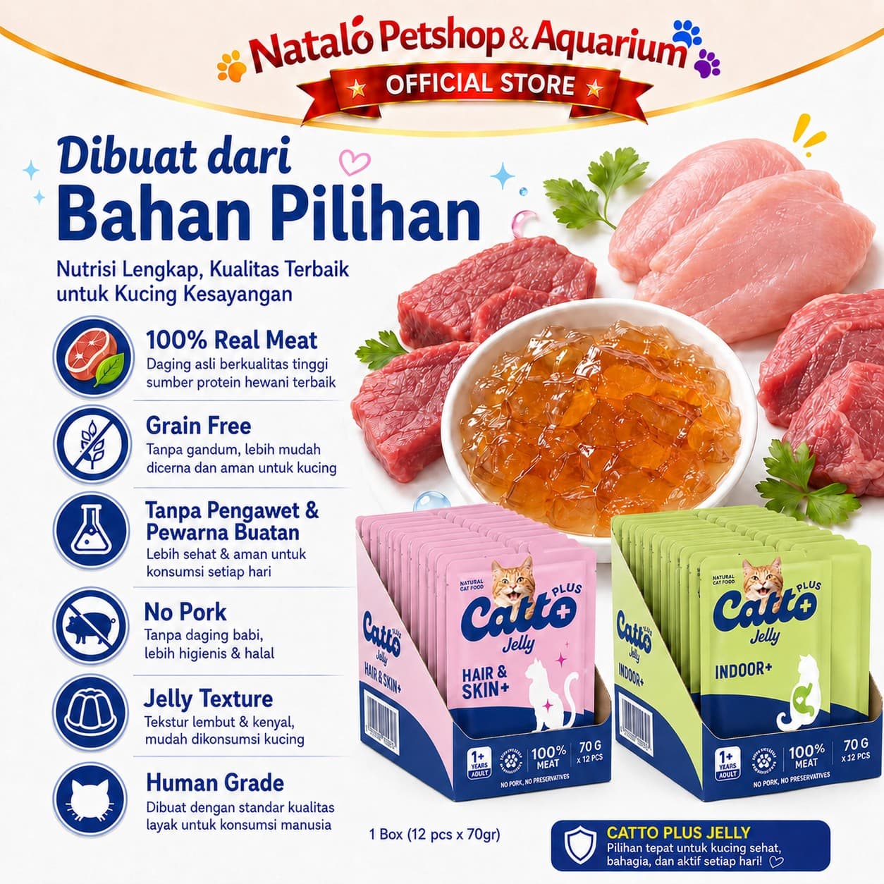Catto Plus Jelly Anti Hairball / Hair & Skin / Indoor / Immune Booster / Urinary Adult Pouch Wet Food 1 BOX isi (12pcs x 70gr) - Makanan Basah Saset Kucing Dewasa - gambar 4
