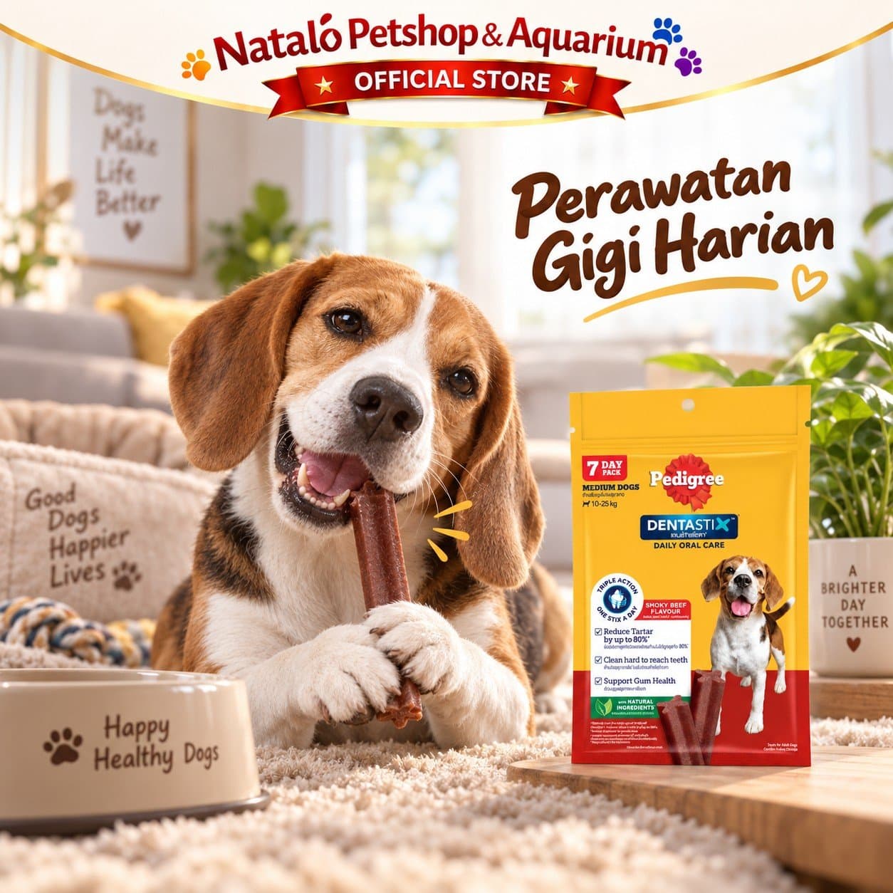 Pedigree Dentastix Smoky Beef Medium 172g Isi 7 Stik - Snack Anjing Dewasa 10-25kg Dental Stick Pembersih Gigi Rasa Sapi Asap Camilan Perawatan Gigi Harian - gambar 5