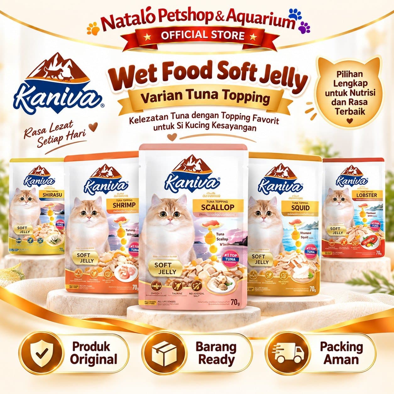 Kaniva Pouch 70GR Premium Wet Cat Food - Daging Makanan Basah Kucing Saset Sachet 70 GR Tuna Chicken Indoor Lobster Gravy Jelly Shrimp Shirasu Scallop Katsuobushi - gambar 2