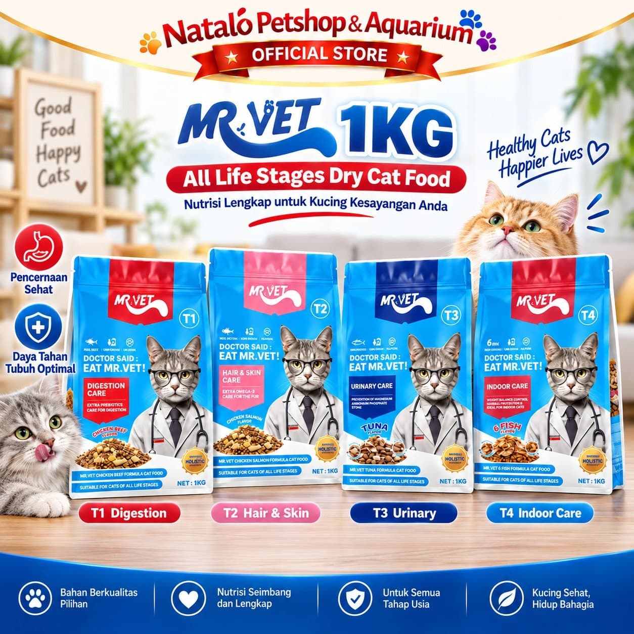 Mr. Vet T1 Digestion / T2 Hair & Skin / T3 Urinary / T4 Cat Indoor Care 1KG Functional All Life Stages Dry Cat Food - Makanan Kucing Mr.Vet Semua Tahap Usia Fungsional 1 KG - gambar 1