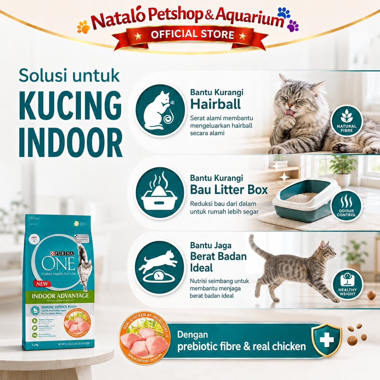 PURINA ONE Indoor Advantage with Chicken 1.2KG Adult Dry Cat Food - Makanan Kering Kucing Dewasa Dalam Rumah / Membantu Mengurangi Bau Feses 1.2 KG - gambar 3