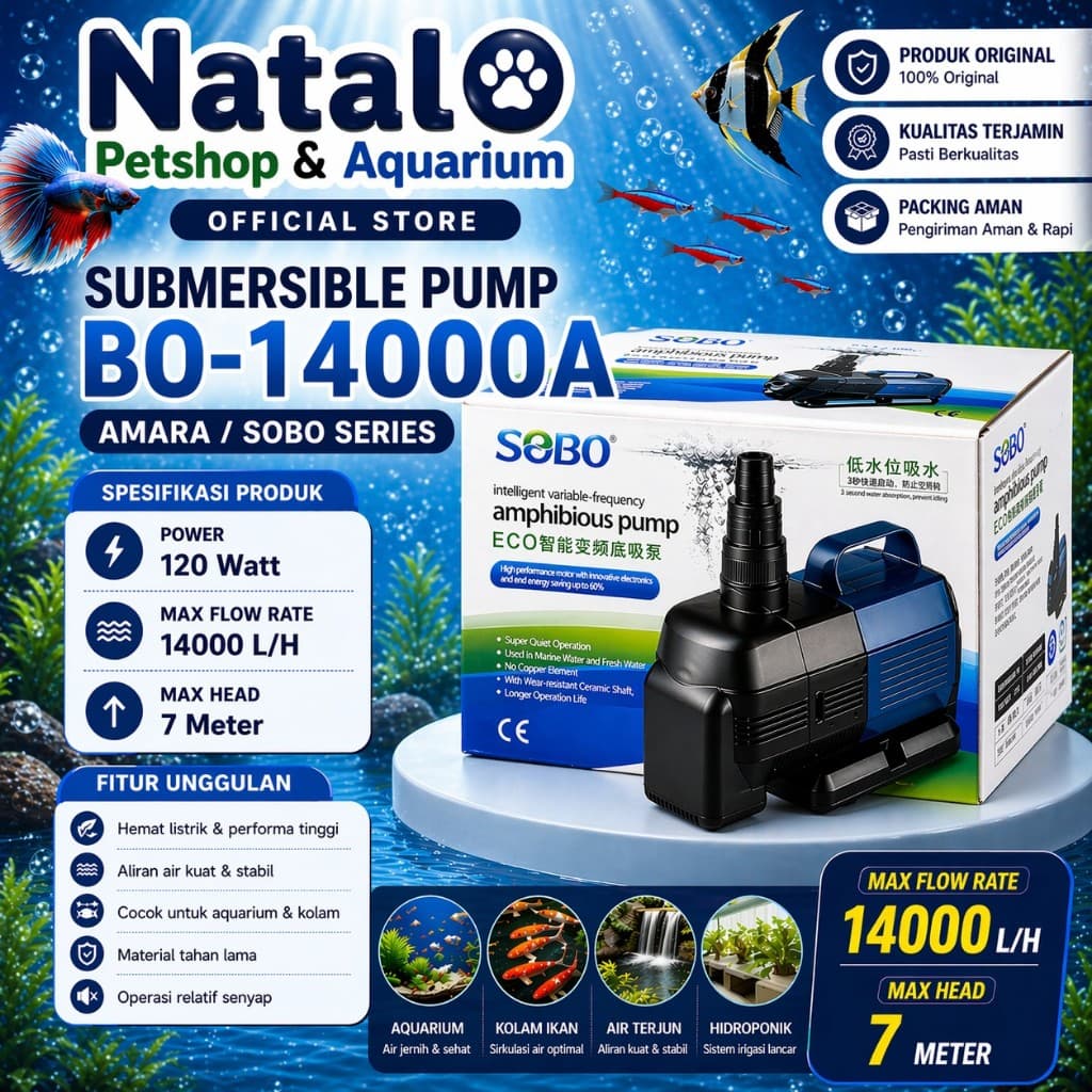 AMARA / SOBO BO-14000A Amphibious Pump - Mesin Pompa Kolam Aquarium Hidroponik Amphibi BO 14000A - gambar 1