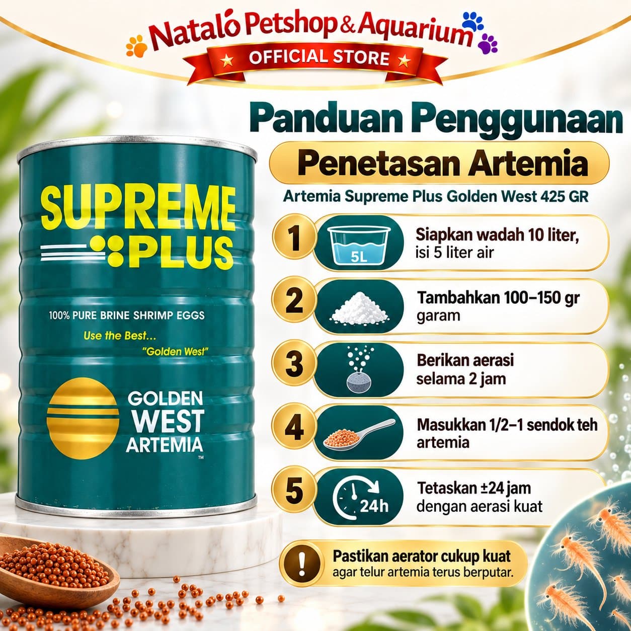 Artemia Supreme Plus 425Gr / Golden West - Makanan Pakan Udang Air Asin Berkualitas Tinggi yang Kaya Protein (63%-65%) dan sangat Ideal untuk Burayak / Larva Ikan Hias 425 GRAM - gambar 3