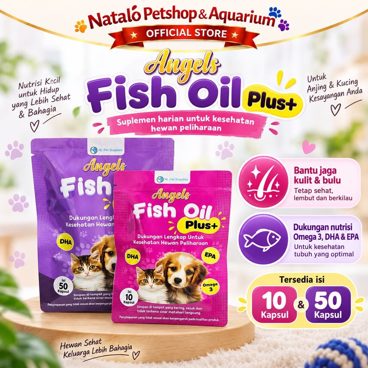 ANGELS PET CARE  Fish Oil Penambah Nafsu Makan & Vitamin Bulu isi 10 & 50 Butir / Kapsul Minyak Ikan Vitamin Hewan Kucing Anjing untuk Kesehatan - Premium Pet Cat Dog Supplement for Health Skin Coat Care - gambar 1