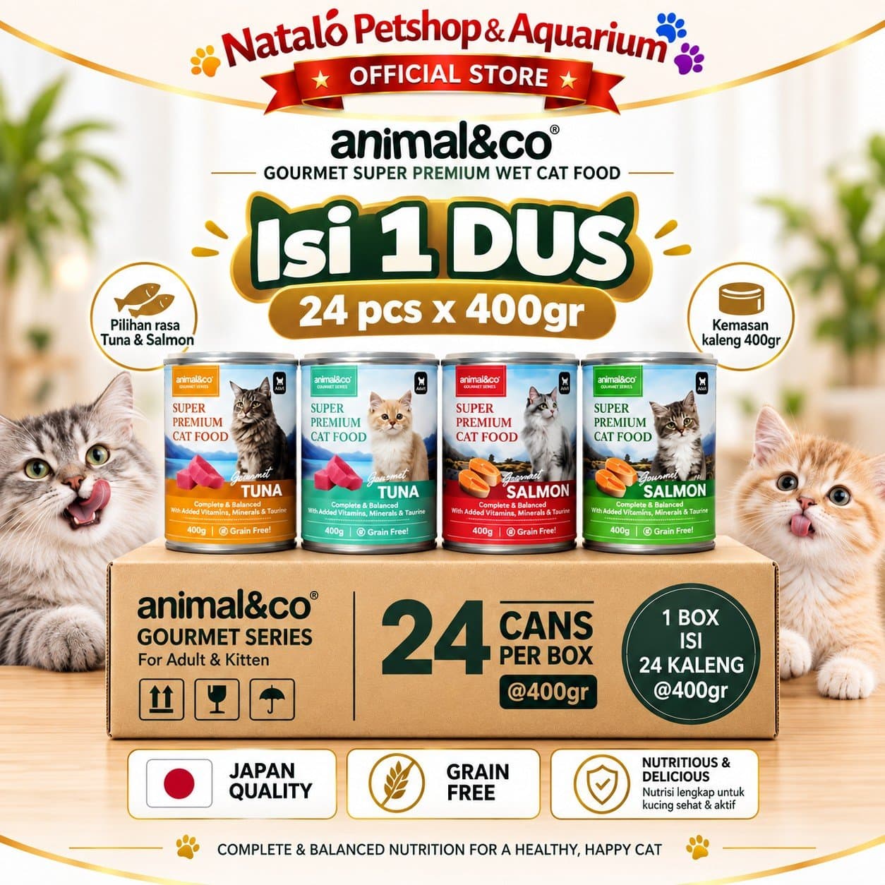 Animal&Co Gourmet Kitten / Adult 1 DUS (24pcs x 400gr) Wet Super Premium Cat Food - Makanan Basah Kaleng Anak dan Kucing Dewasa 400 GR - gambar 4