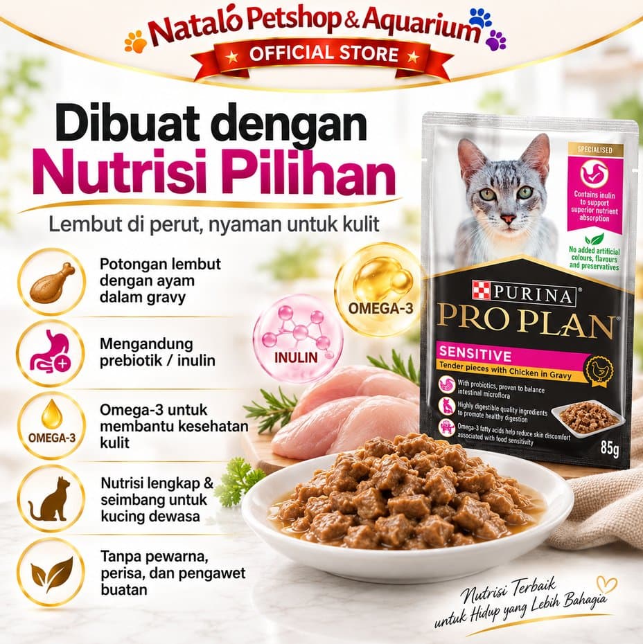 PRO PLAN Pouch Adult Sensitive Skin & Stomach 85gr - Makanan Basah Saset Kucing Dewasa untuk Kulit dan Pencernaan Sensitif Sachet 85 gr - gambar 3