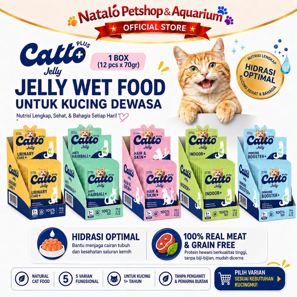 Catto Plus Jelly Anti Hairball / Hair & Skin / Indoor / Immune Booster / Urinary Adult Pouch Wet Food 1 BOX isi (12pcs x 70gr) - Makanan Basah Saset Kucing Dewasa - gambar 1
