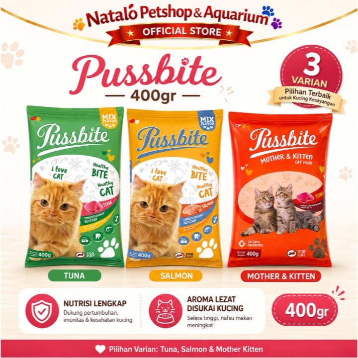 Pussbite Mother & Kitten / Adult Tuna & Salmon Dry Cat Food 400GR - Makanan Ibu Anak dan Kucing Dewasa 400 GR - gambar 1