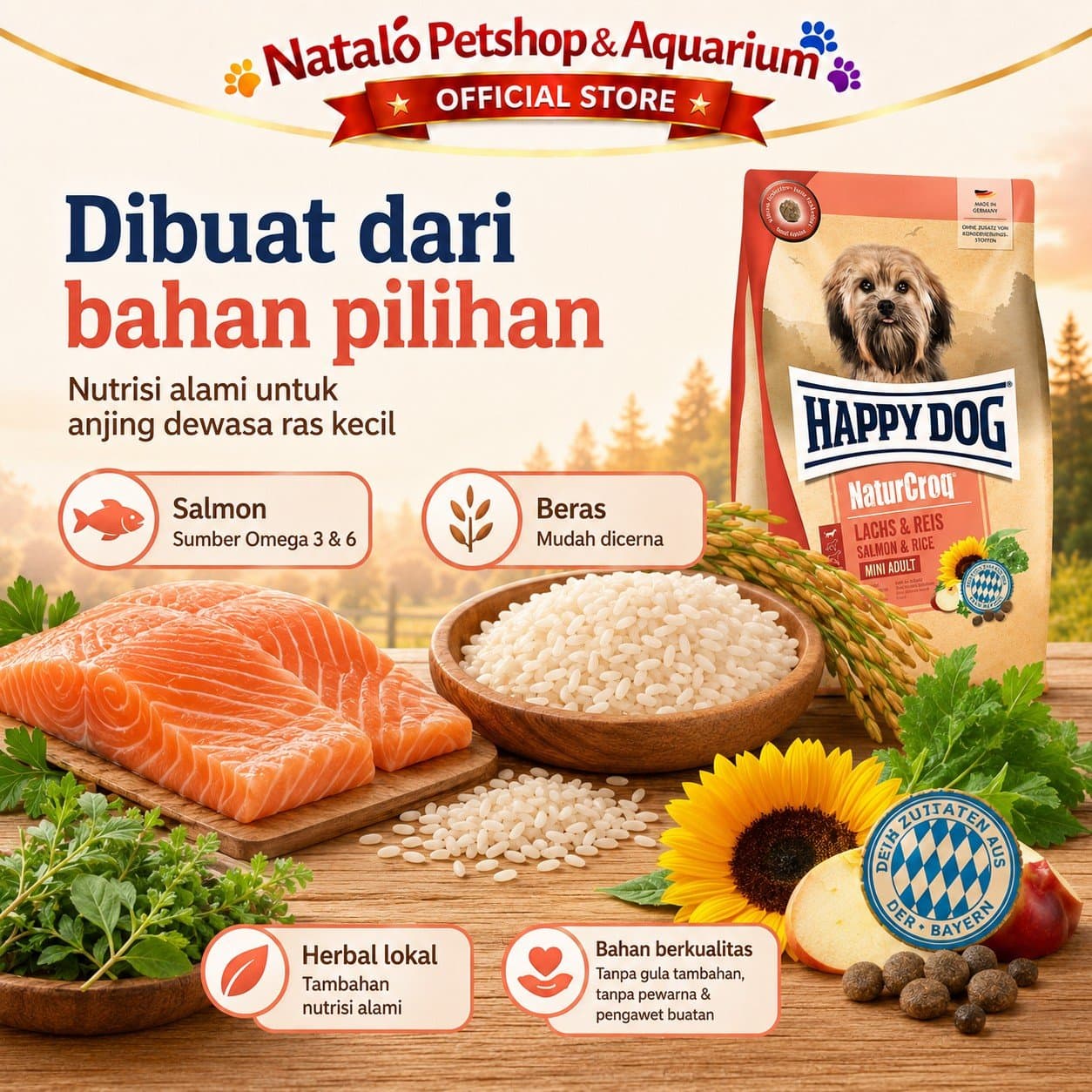 Happy Dog NaturCroq Mini Adult Salmon & Rice 4KG Small Breed Dog Food - Makanan Anjing Dewasa Ras Kecil Premium 4KG - gambar 4