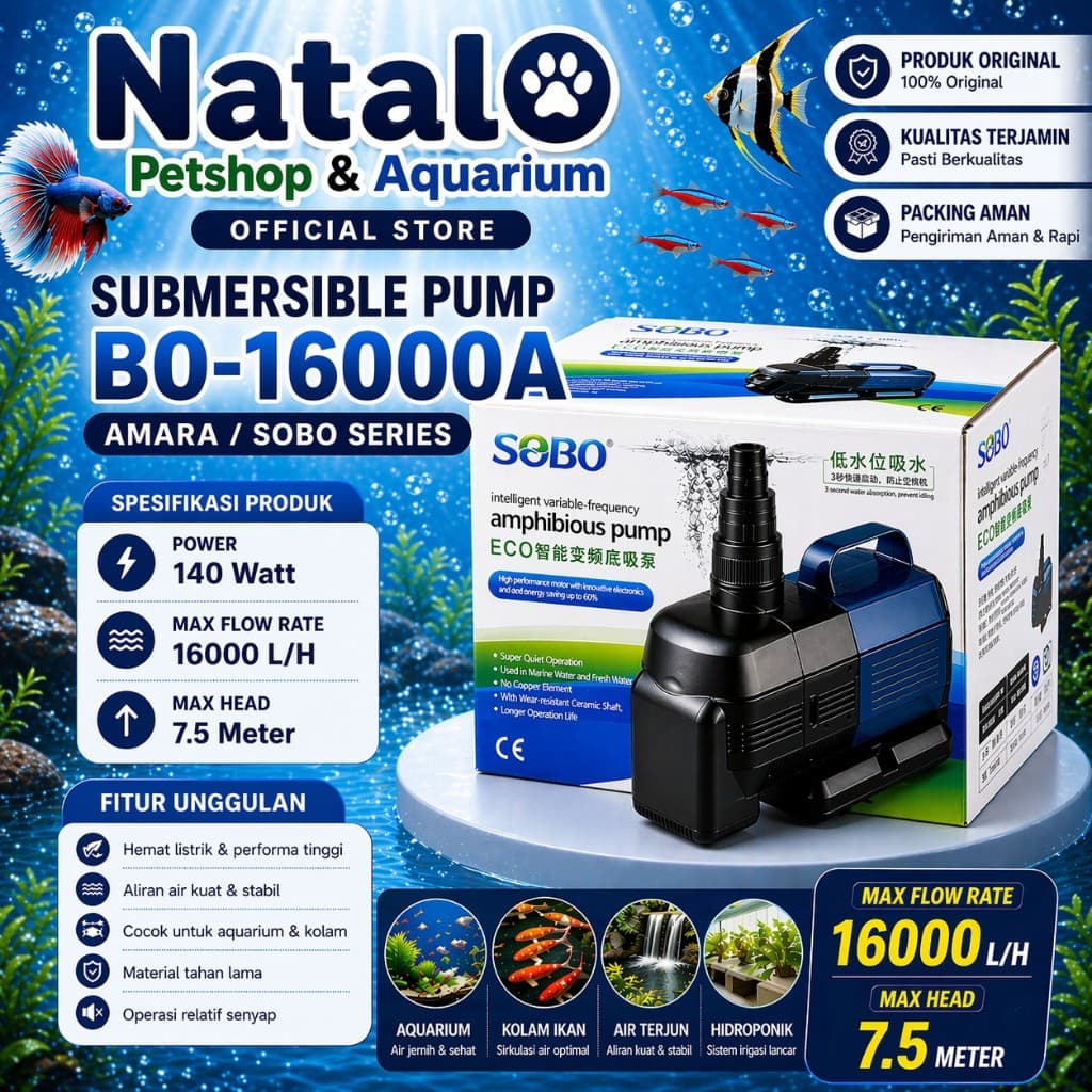AMARA / SOBO BO-16000A Amphibious Pump - Mesin Pompa Kolam Aquarium Hidroponik Amphibi BO 16000A - gambar 1