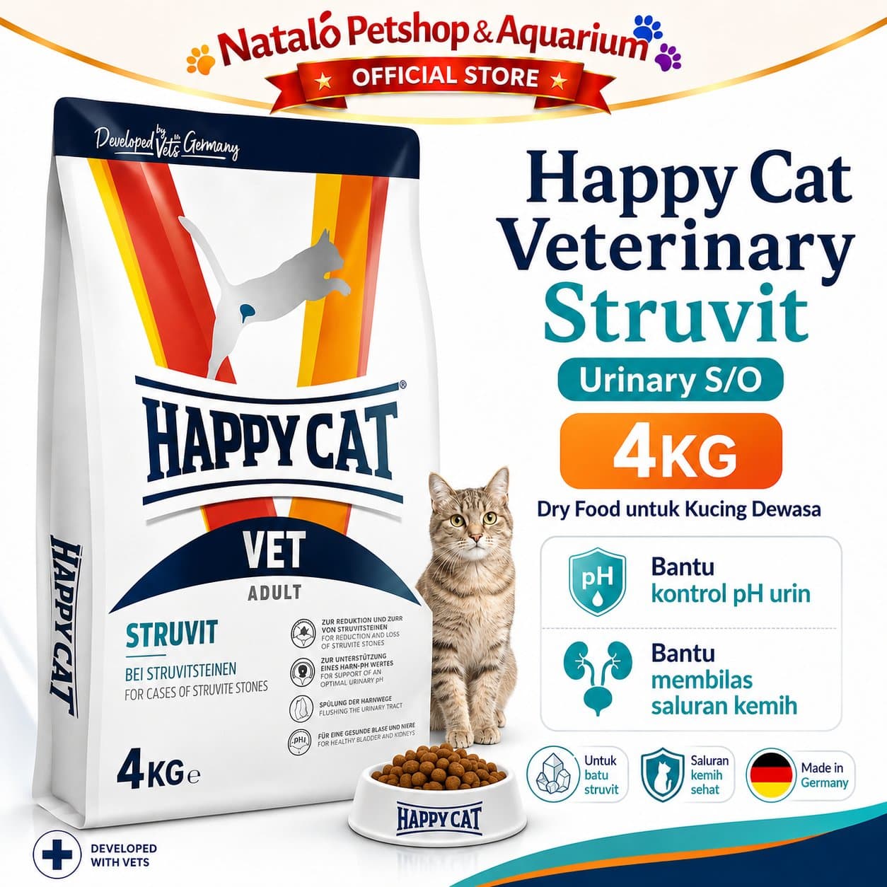 Happy Cat Vet Struvit 4KG Urinary S/O Adult Cat Food - Makanan Kucing Dewasa untuk Pengobatan Saluran Kencing Kemih FLUTD 4 KG - gambar 1