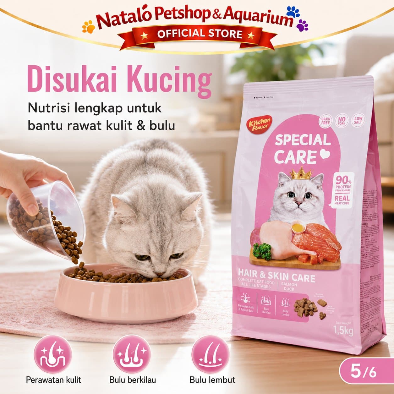 Kitchen Flavor Special Care Hair & Skin Care 1.5KG All Life Stages - Makanan Kucing Semua Umur untuk Bulu dan Kulit 1.5 KG - gambar 5