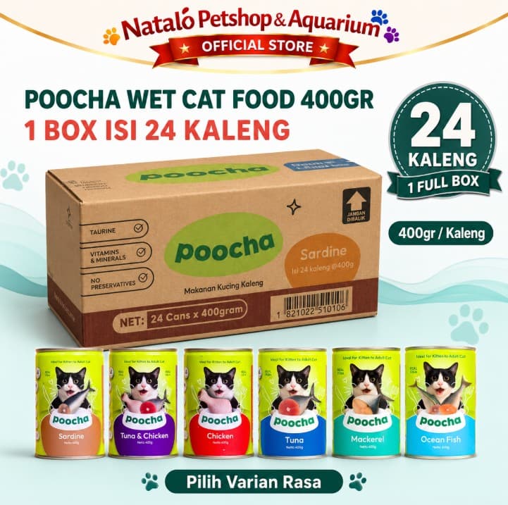 POOCHA Kaleng 400GR per 1 DUS ISI 24 PCS - Makanan Basah Kucing / Canned Wet Cat Food 400 GR All Life Stages Segala Semua Usia Umur - gambar 1