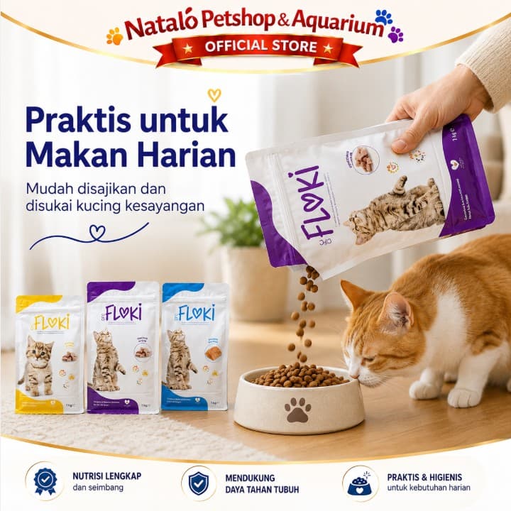 Floki Cat Food 1KG Adult Salmon Chicken / Kitten Dry Premium Makanan Kering Kucing Dewasa Semua Ras All Breed Kitten rasa Ayam Ikan Anak 1 KG - gambar 5