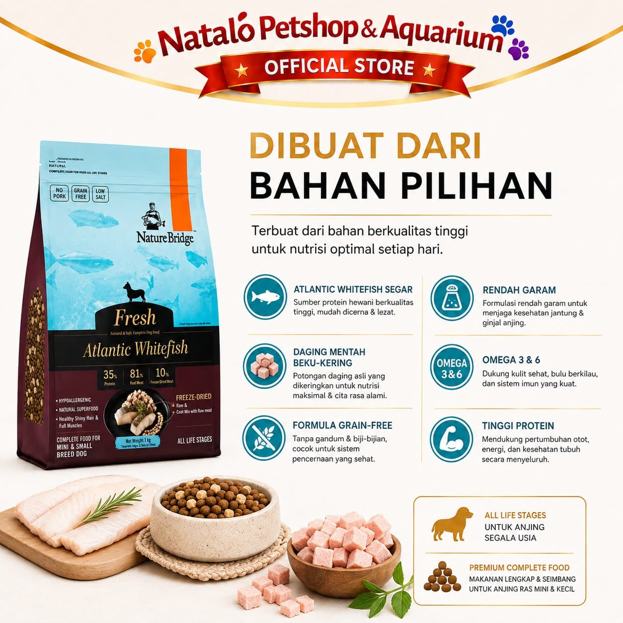 Nature Bridge Fresh Atlantic Whitefish Dog Food 1.5KG All Life Stages Small Breed - Makanan Anjing Semua Umur Ras Kecil Mini Super Premium 1.5 KG - gambar 4