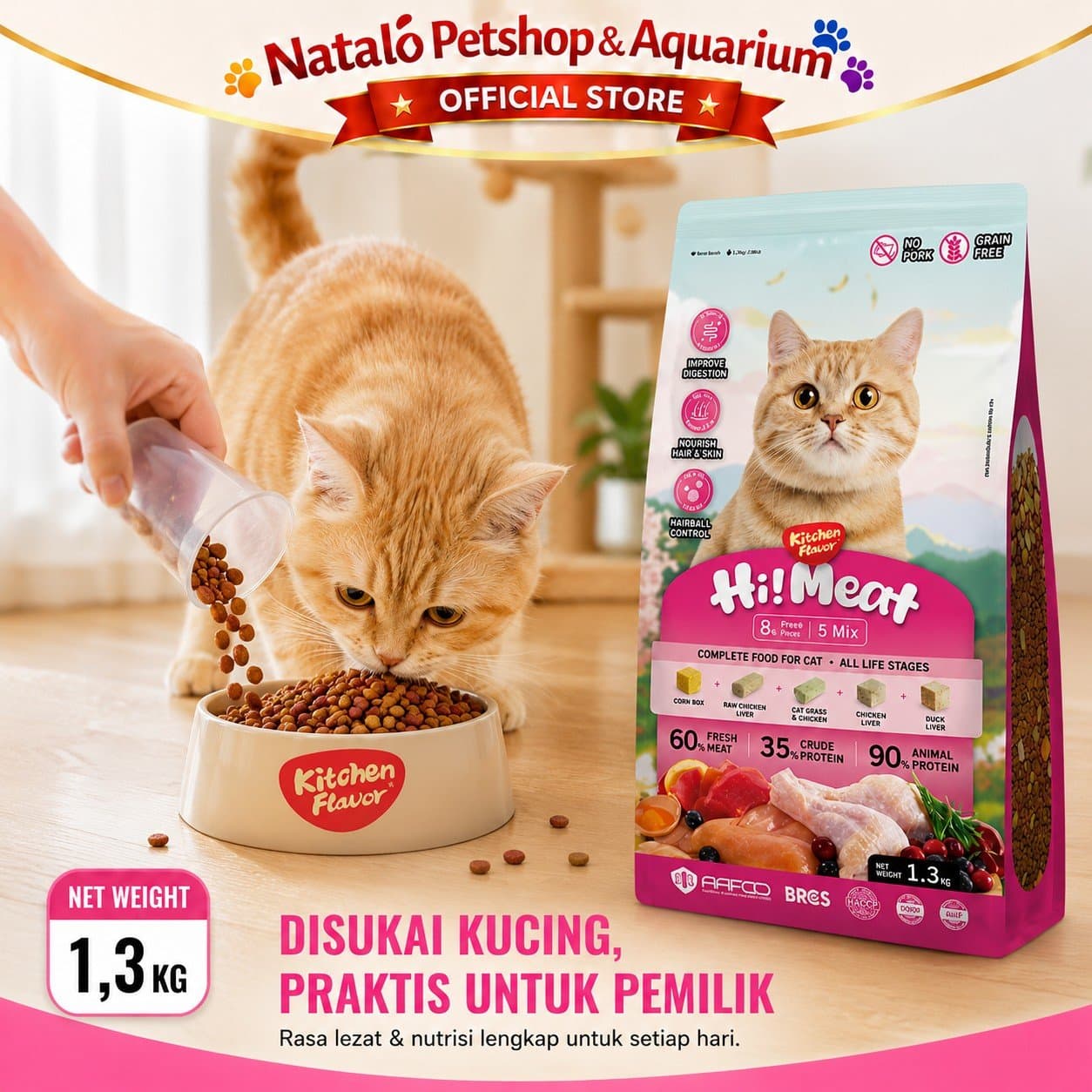 Kitchen Flavor Hi!Meat Complete Cat Food for All Life Stages 1.3KG No Pork - Makanan Kucing Semua Umur Hi Meat / Hi-Meat / Hi! Meat / Himeat 1.3 KG - gambar 5