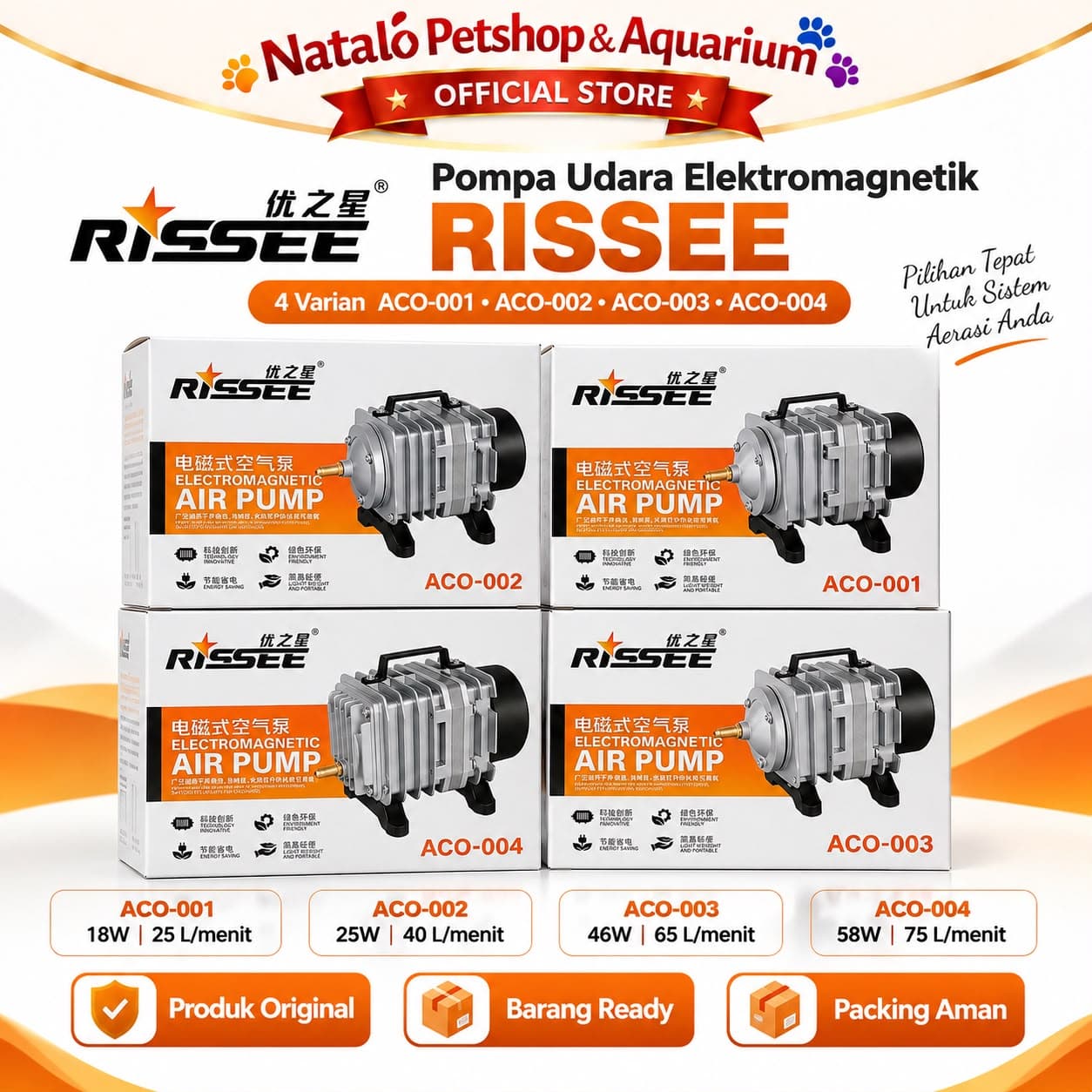 RISSEE Air Compressor ACO 001 002 003 004 - Electromagnetic Air Pump - Pompa Udara Aerator Aerasi Kolam Aquarium ACO-001 ACO-002 ACO-003 ACO-004