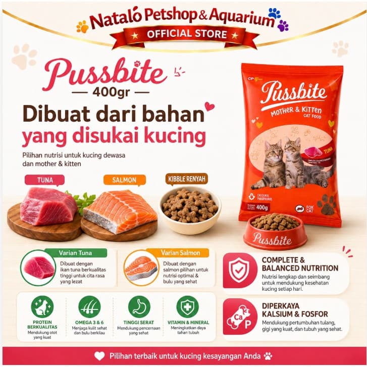Pussbite Mother & Kitten / Adult Tuna & Salmon Dry Cat Food 400GR - Makanan Ibu Anak dan Kucing Dewasa 400 GR - gambar 4
