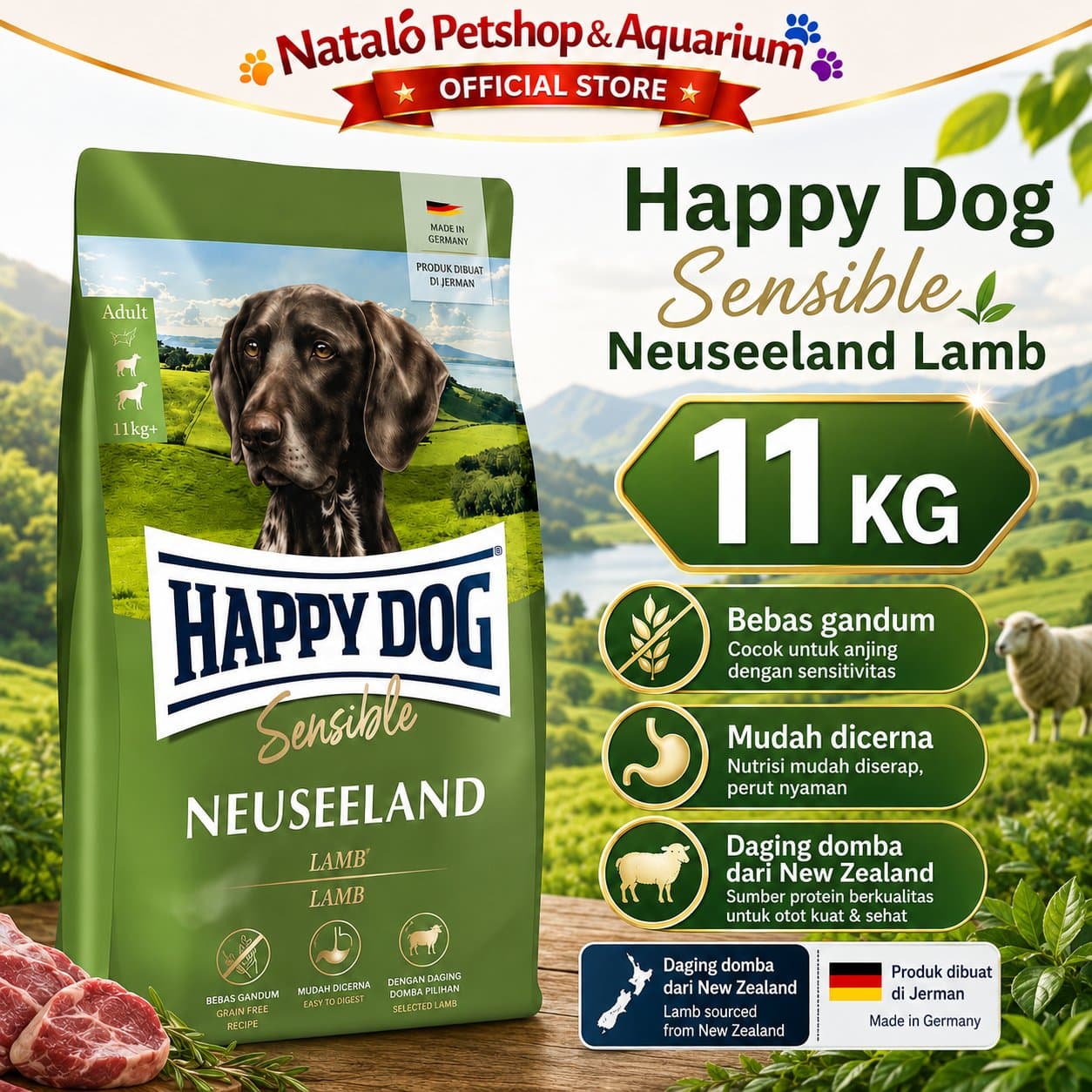 Happy Dog Sensible Neuseeland Lamb 11KG Adult Dog Food - Makanan Anjing Dewasa Ras Besar Rasa Domba 11 KG Super Premium - gambar 1