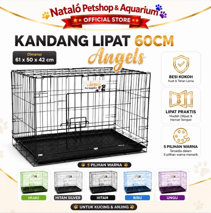 Kandang 60 / M - Merk Angels - Kandang Besi Hewan Lipat Anjing Kucing Kelinci Ukuran 61x50x42cm 60CM Medium