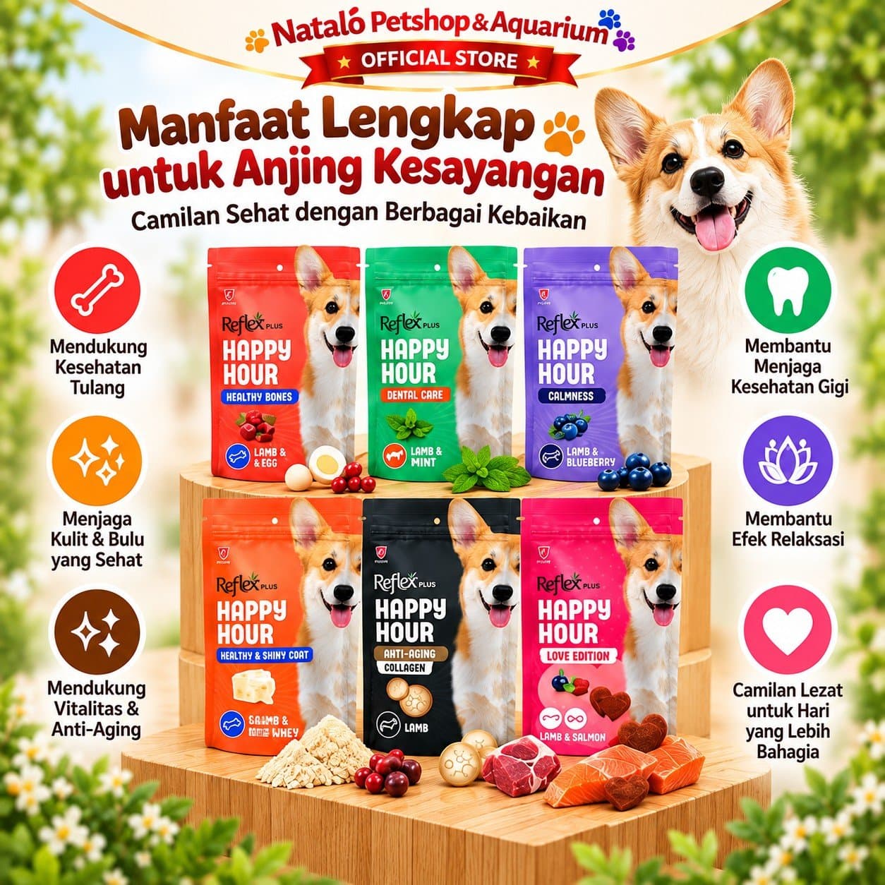 Reflex Plus Happy Hour Dog Treat 60G 6 Varian - Snack Cemilan Anjing Dewasa Healthy Bones Dental Care Calmness Anti Aging Lamb Salmon 60 GR - gambar 2