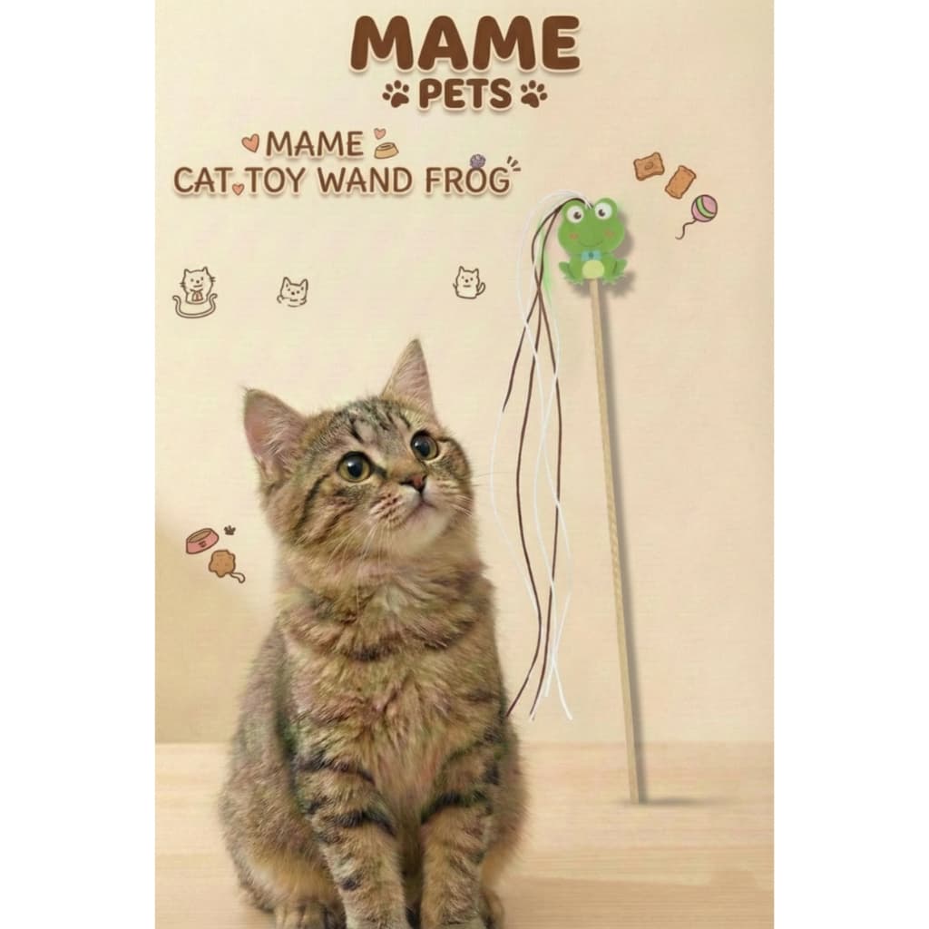 MAME WAND CAT TOY + FROG - Mainan Tongkat Kayu Lonceng + Boneka Gambar Kodok + Tali / Teaser Stick for Pet - Kucing Berdiri Lucu - Main Interactive