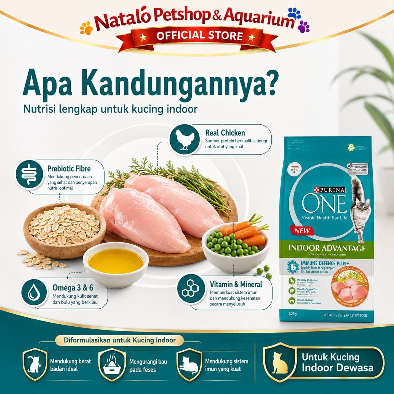 PURINA ONE Indoor Advantage with Chicken 1.2KG Adult Dry Cat Food - Makanan Kering Kucing Dewasa Dalam Rumah / Membantu Mengurangi Bau Feses 1.2 KG - gambar 5