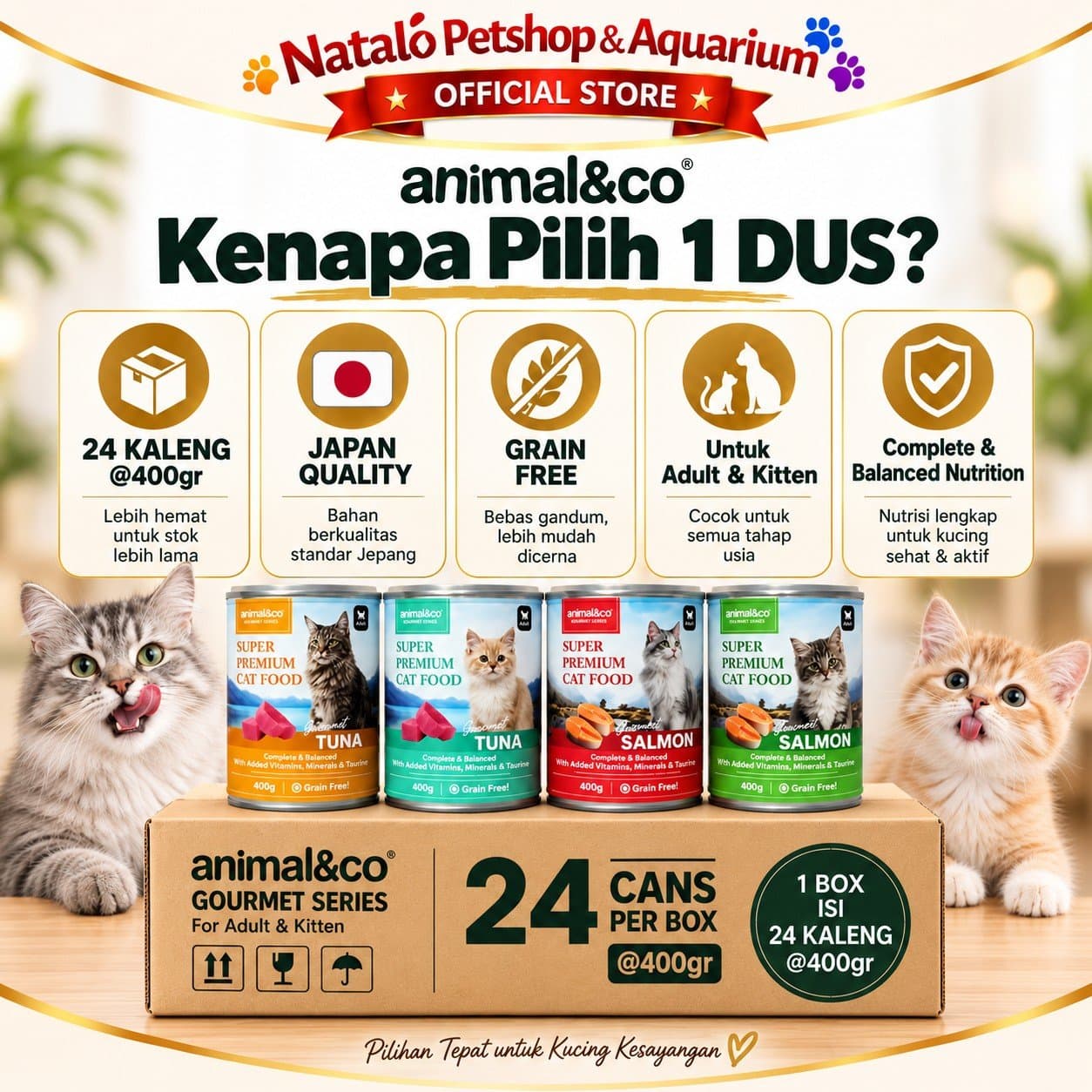 Animal&Co Gourmet Kitten / Adult 1 DUS (24pcs x 400gr) Wet Super Premium Cat Food - Makanan Basah Kaleng Anak dan Kucing Dewasa 400 GR - gambar 2