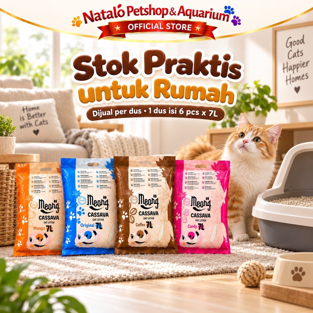 Meong Cassava Cat Litter 1 DUS (6pcs x 7LT) Pasir Kucing 7 L Singkong Organik Cepat Gumpal Low Dust Kontrol Bau Wangi Original Coffee Mango Candy - gambar 5