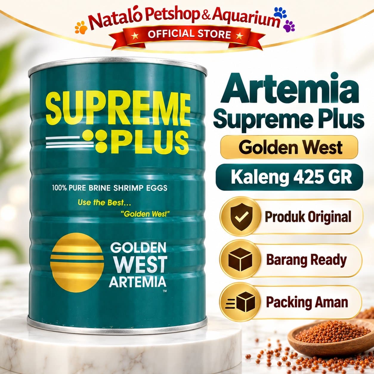 Artemia Supreme Plus 425Gr / Golden West - Makanan Pakan Udang Air Asin Berkualitas Tinggi yang Kaya Protein (63%-65%) dan sangat Ideal untuk Burayak / Larva Ikan Hias 425 GRAM - gambar 1