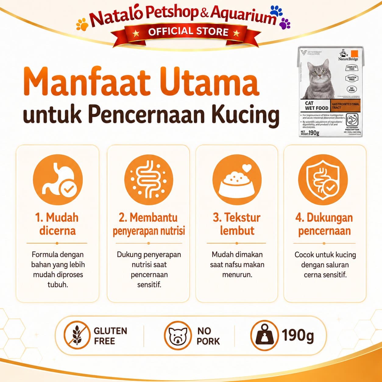 Nature Bridge Gastrointestinal Tract Complete Cat Wet Food 190GR Intestinal - Makanan Basah Kucing untuk Infeksi Saluran Pencernaan  / Diare 190 GR - gambar 2