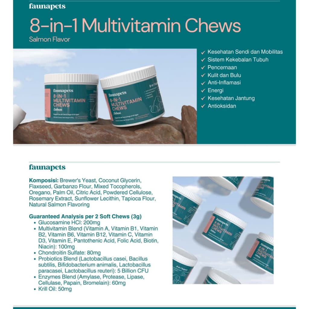 Fauna Pets - 8 in 1 Multivitamin Chews Salmon Flavor - Vitamin Kesehatan Kucing dan Anjing 200Gr - gambar 1