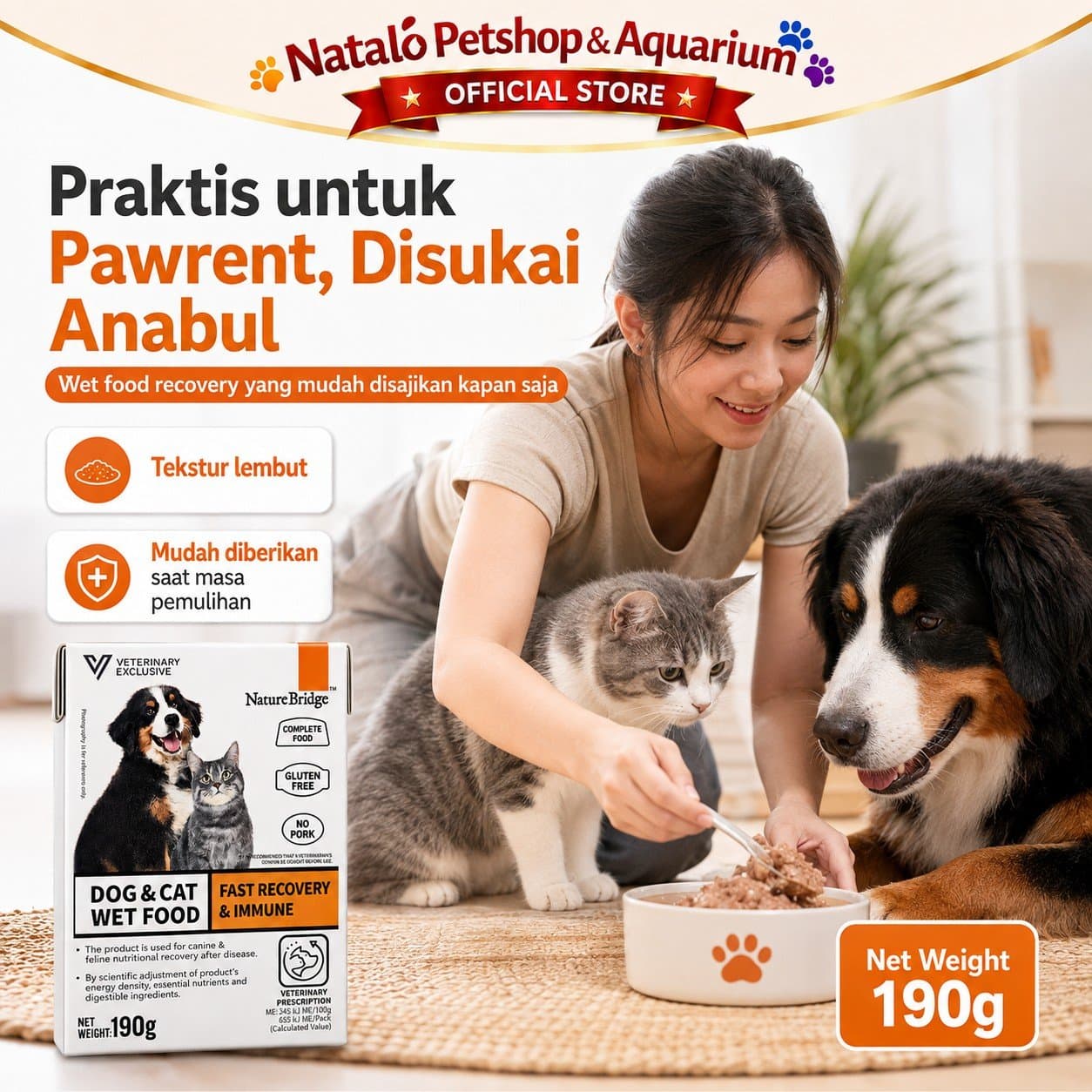 Nature Bridge Fast Recovery & Immune Complete Food for Dog & Cat Wet Food 190GR - Makanan Basah Anjing dan Kucing untuk Bantu Masa Pemulihan Pasca Penyembuhan dan Daya Tahan Tubuh 190 GR - gambar 5