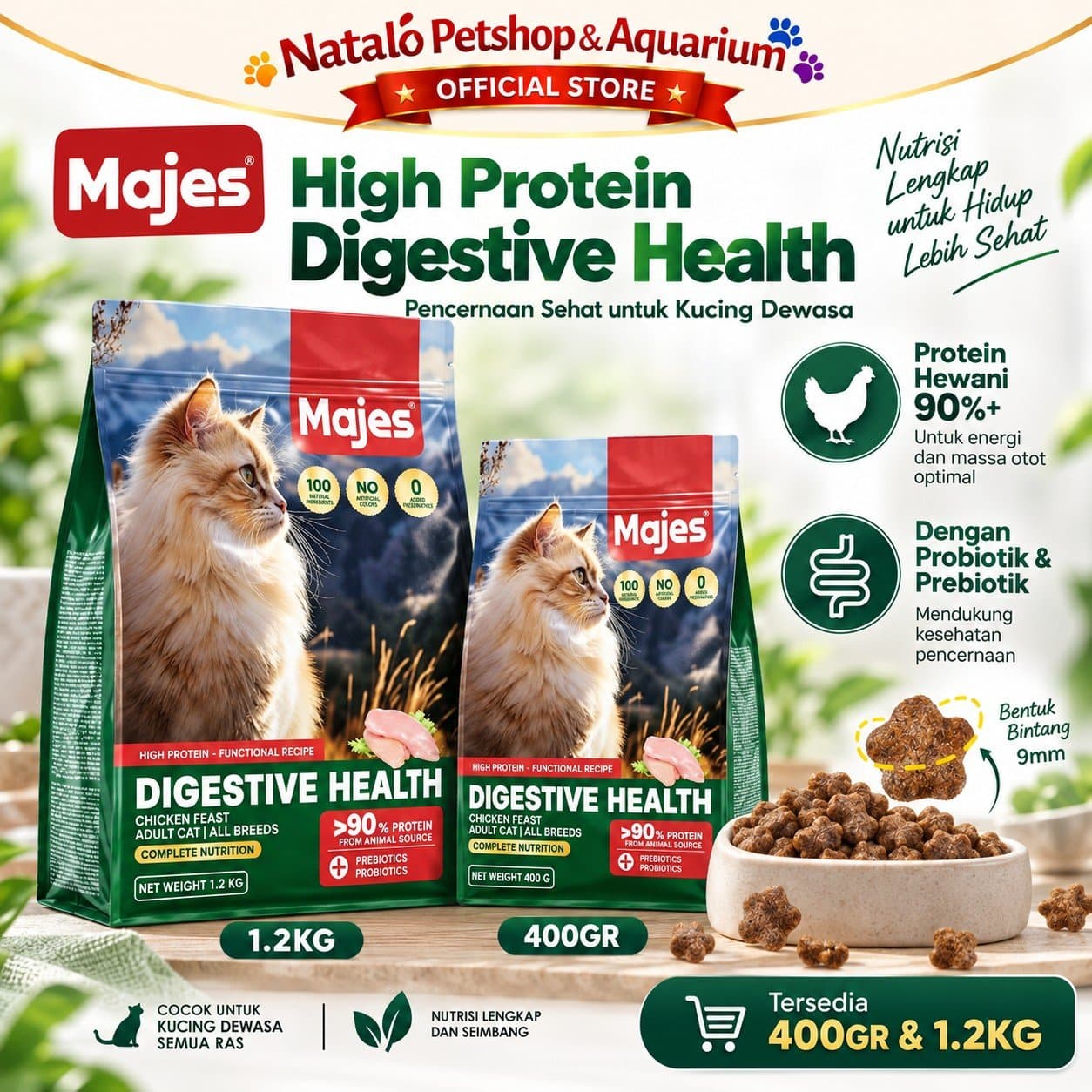 MAJES High Protein Digestive Health Chicken Feast Adult Dry Cat Food 400GR / 1.2KG - Makanan Kucing Dewasa untuk Kesehatan Pencernaan 400 GR / 1.2 KG - gambar 1