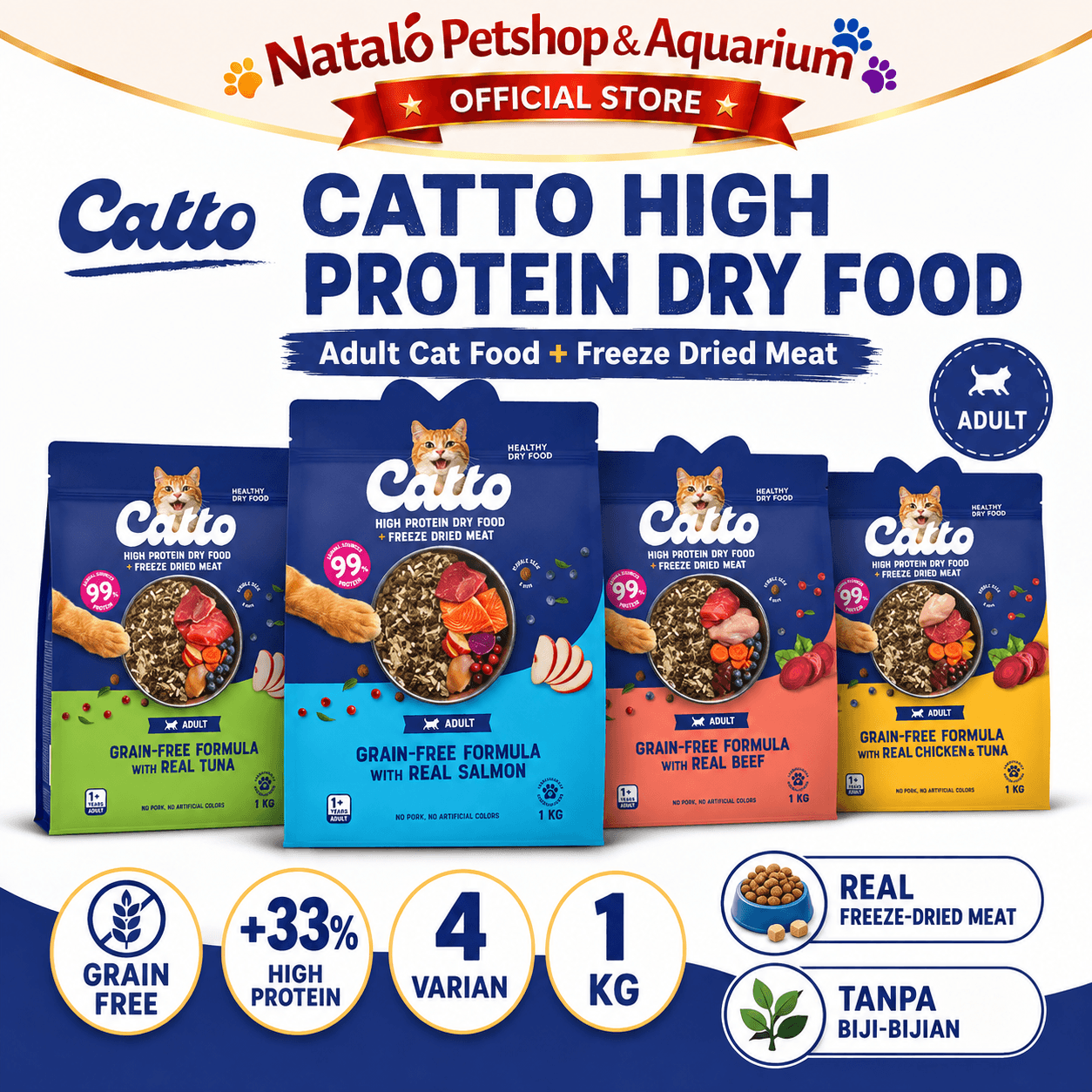 Catto High Protein Dry Adult Cat Food + Freeze Dried Meat Grain Free Formula 1KG - Makanan Kering Kucing Dewasa Premium 1 KG - gambar 1
