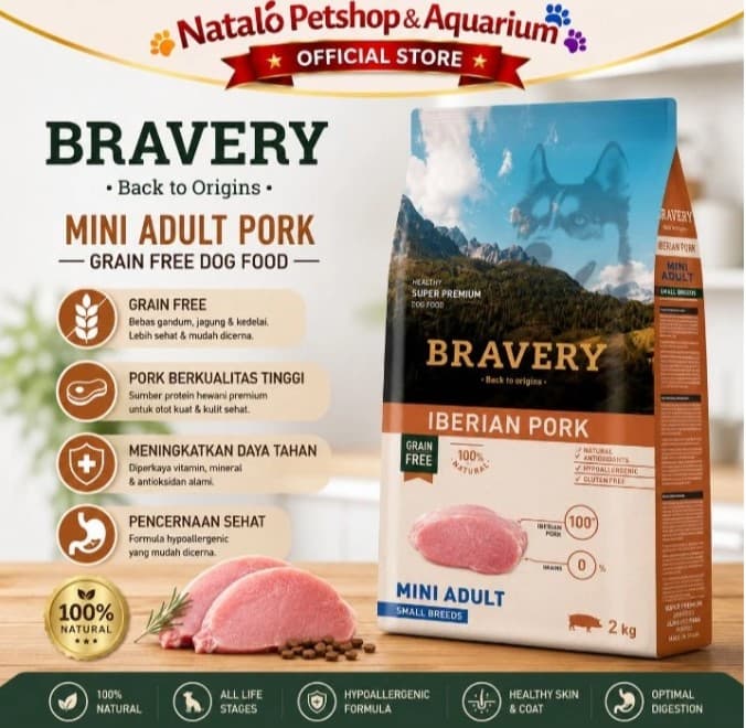 Bravery Mini Adult PORK 2KG Makanan Anjing Small Breed Adult Dog Food Premium Pelet - gambar 1