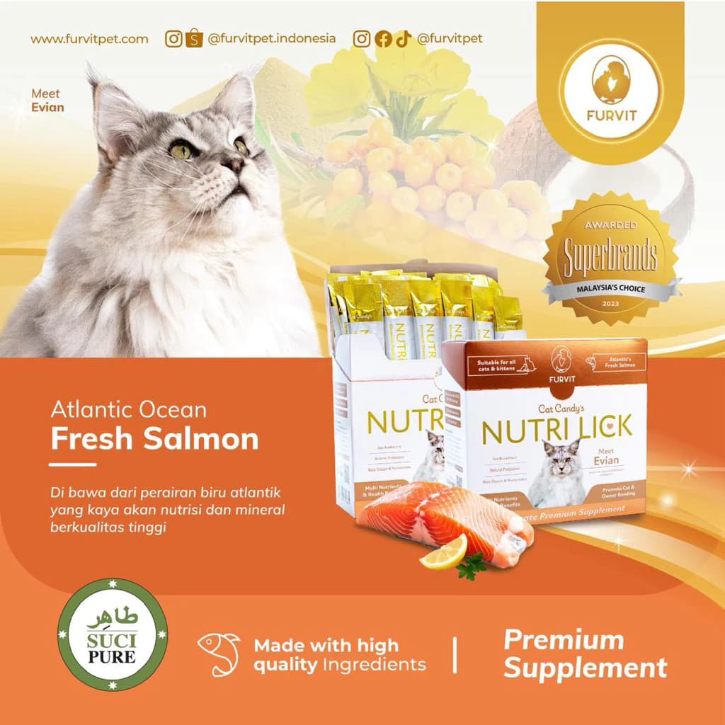 Nutri Lick’s Cat Candy Salmon Premium Supplement - Nutri Licks Vitamin Kucing Creamy 1BOX isi 20x5Gr - gambar 1