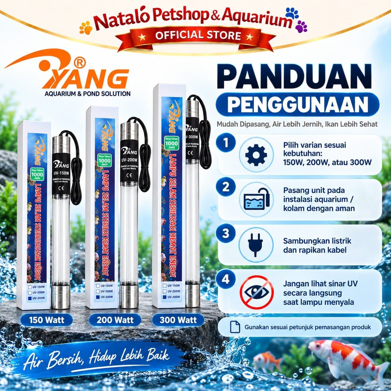 YANG Lampu UV High Watt Sterilizer Celup Kolam Koi Aquarium 150 Watt 200 Watt 300 Watt Ultraviolet Sterilisasi Air Anti Alga Air Hijau Filter Kolam Ikan - gambar 2