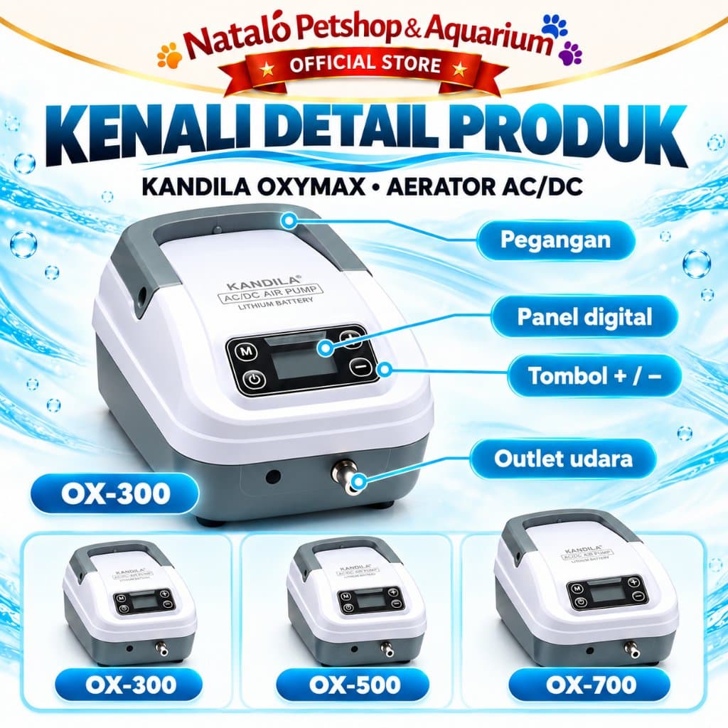 KANDILA OXYMAX OX-300 OX-500 OX-700 Aerator AC DC Pompa Udara Aquarium Kolam Ikan Baterai Lithium - gambar 4