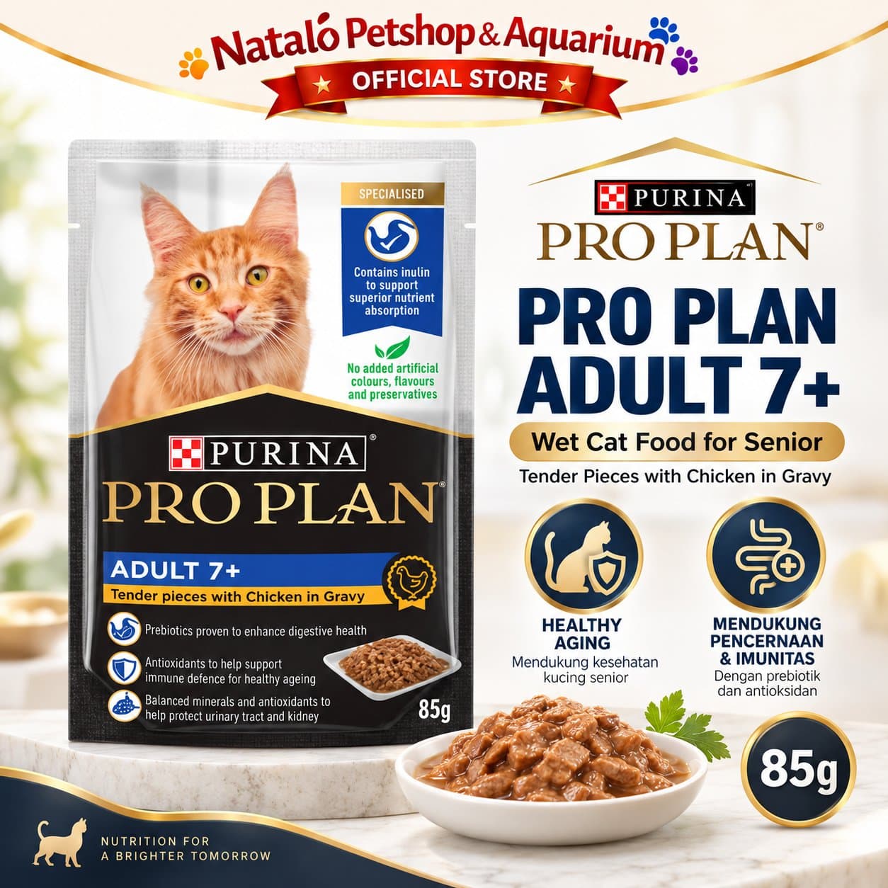 PRO PLAN Adult 7+ Chicken in Gravy Pouch 85GR Wet Cat Food - Makanan Basah Saset Kucing Dewasa Senior rasa Ayam 85 GR