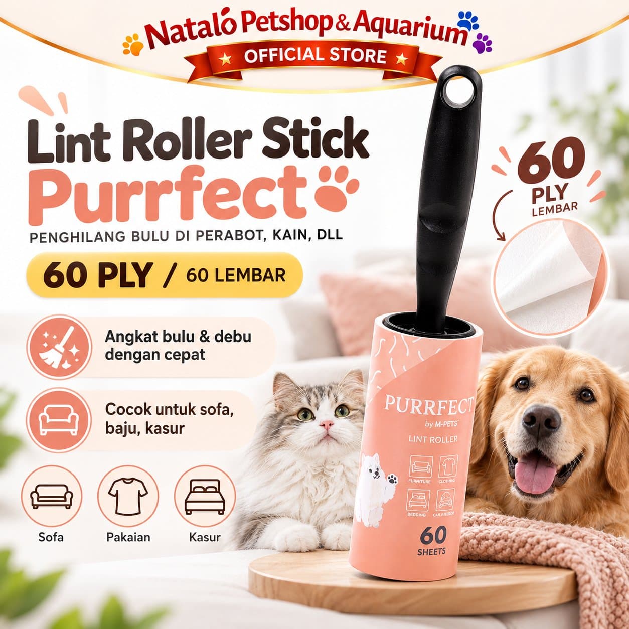 Lint Roller Stick Purrfect 60PLY Penghilang Bulu Kucing Anjing Pembersih Bulu Hewan Sofa Baju Kasur Furniture