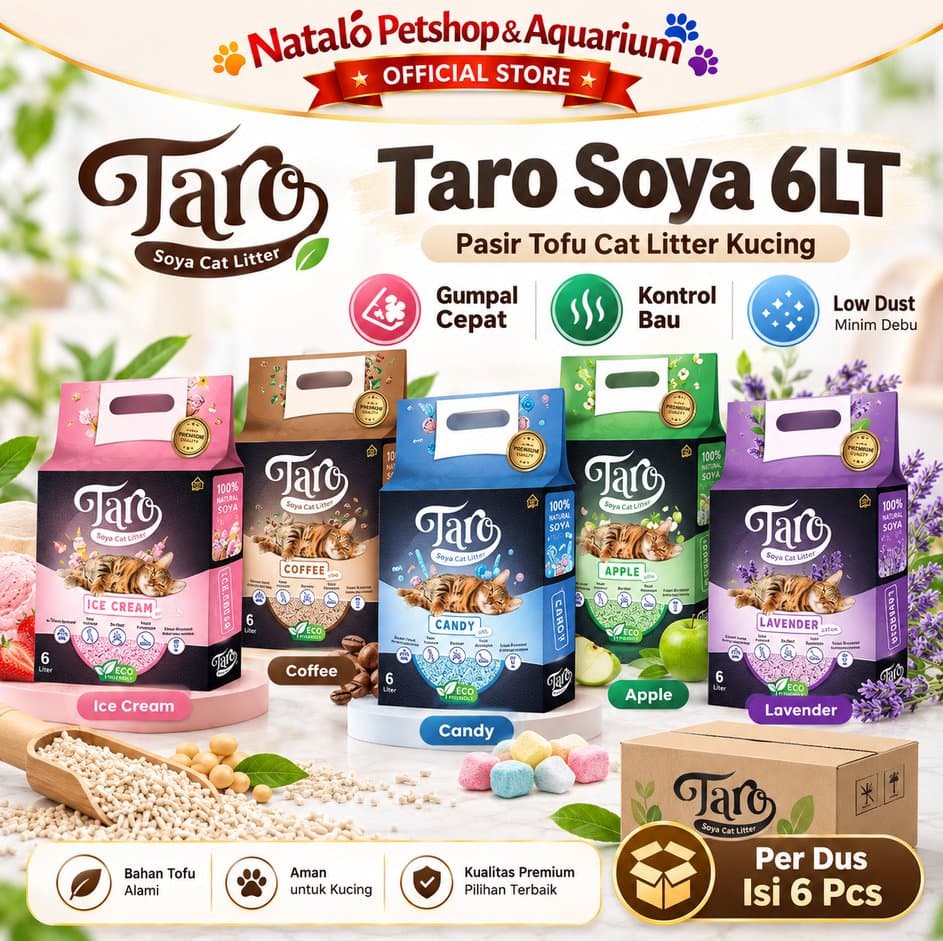 TARO SOYA per DUS isi 6 PCS Cat Litter 6LT Tofu Clump 6 LT - Pasir Kucing terbuat dari Tahu Anti Debu - Gumpal Maximal Lembut Nyaman 6L 6 Liter Wangi