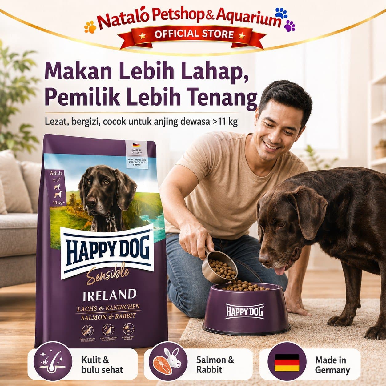 Happy Dog Sensible Ireland 11KG Medium Large Breed Adult Dog Food Salmon & Rabbit - Makanan Anjing Dewasa Irland Ras Besar Super Premium 11 KG - gambar 5