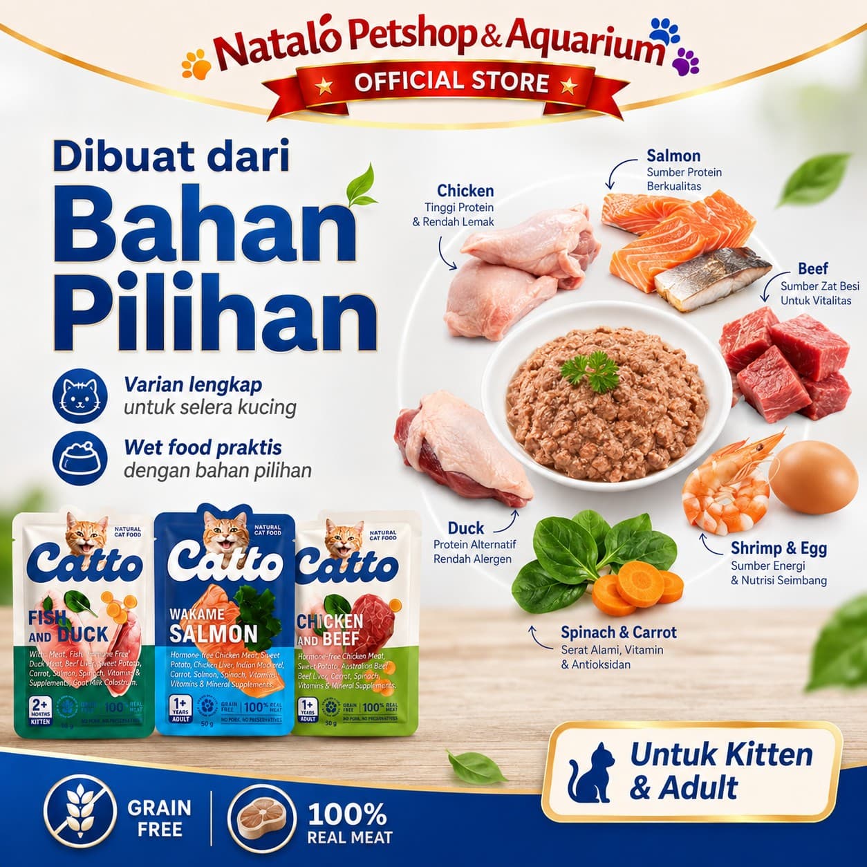 Catto Natural Wet Kitten and Adult Pouch Wet Cat Food 1 BOX isi (12pcs x 50gr)  - Makanan Basah Saset Anak dan Kucing Dewasa 50 GR - gambar 4