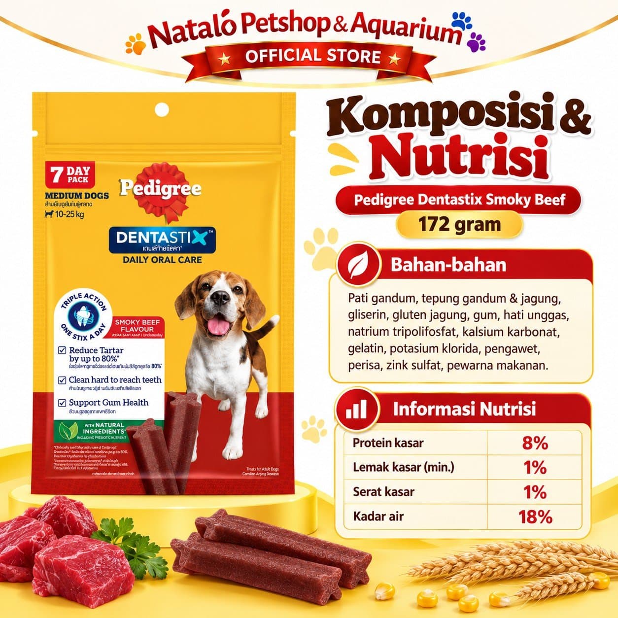 Pedigree Dentastix Smoky Beef Medium 172g Isi 7 Stik - Snack Anjing Dewasa 10-25kg Dental Stick Pembersih Gigi Rasa Sapi Asap Camilan Perawatan Gigi Harian - gambar 4