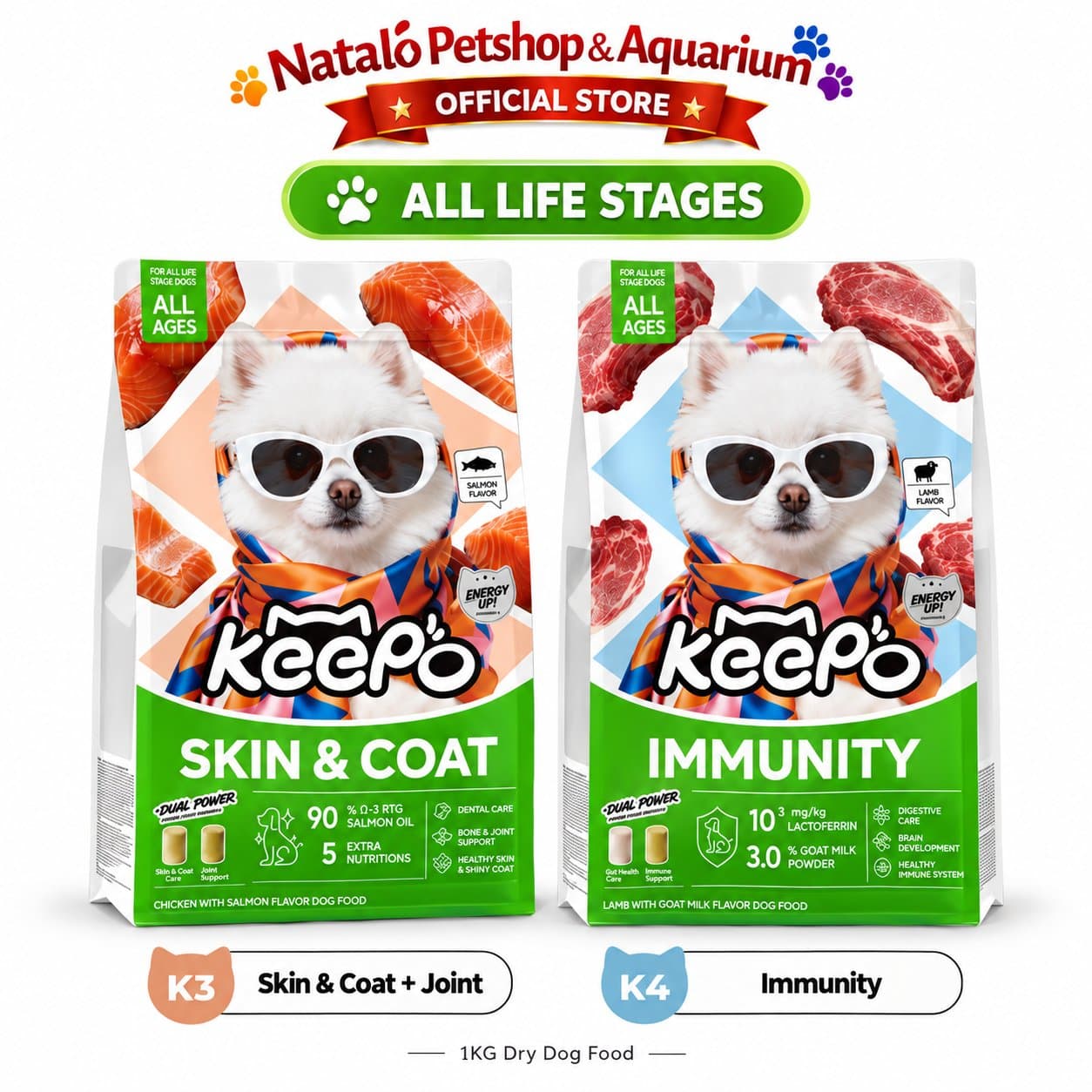 Keepo K3 Skin & Coat / K4 Immunity 1KG All Life Stages Dry Dog Food - Makanan Anjing Semua Tahap Usia / Umur untuk Kesehatan Bulu dan Kulit / Jaga Imunitas 1 KG Salmon Lamb - gambar 6