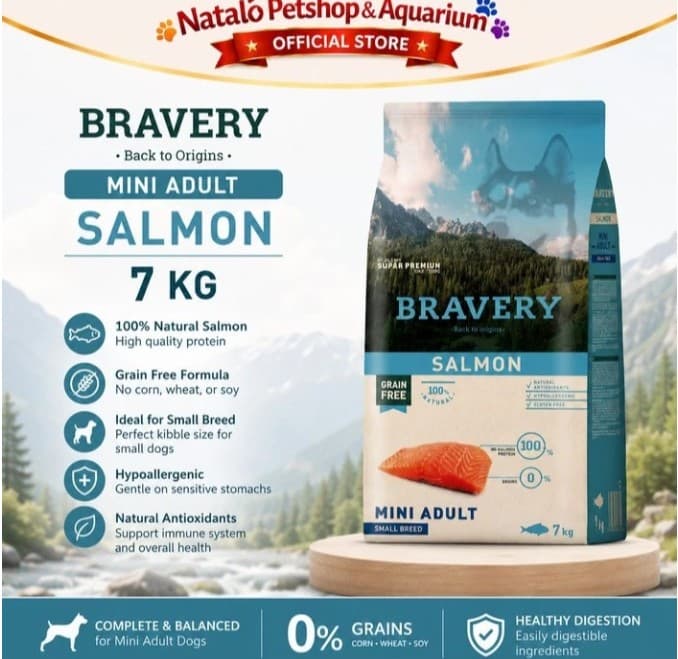 Bravery Mini Adult SALMON 7KG Makanan Anjing Small Breed Super Premium Food Pelet - gambar 1